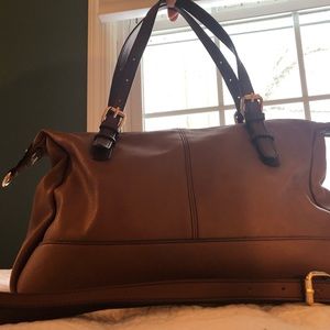 ✔️Vegan Satchel Purse in Light Brown, Contrasting Trim, Long Strap, EUC